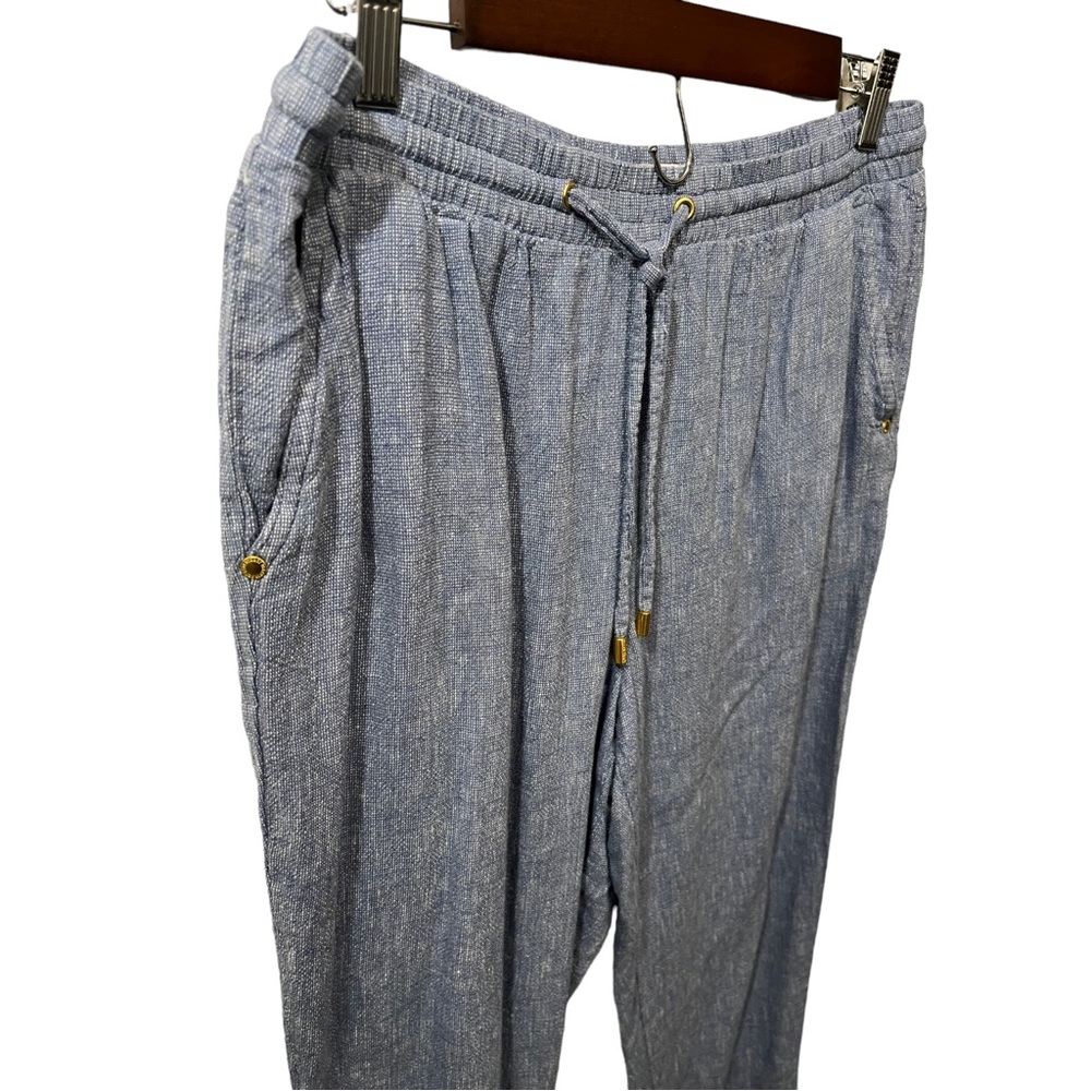 ELLEN TRACY BLUE CHAMBRAY STYLE LINEN BLEND DRAWSTRING WAIST JOGGER PANT - Picture 7 of 12